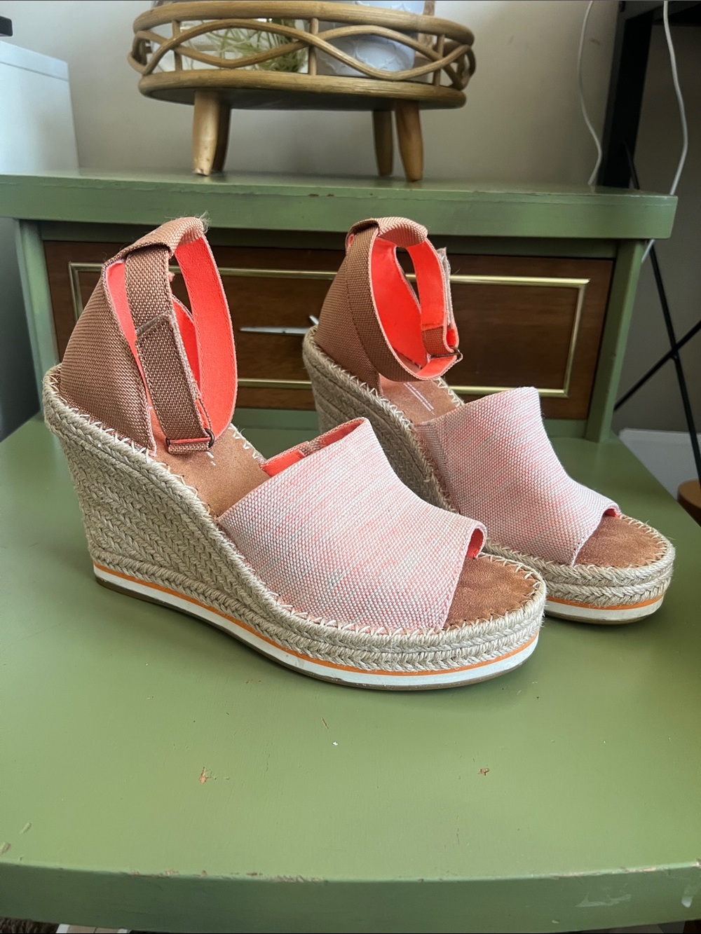 TOMS Coral Pink Espadrille Wedge Sandals with Ankle Strap